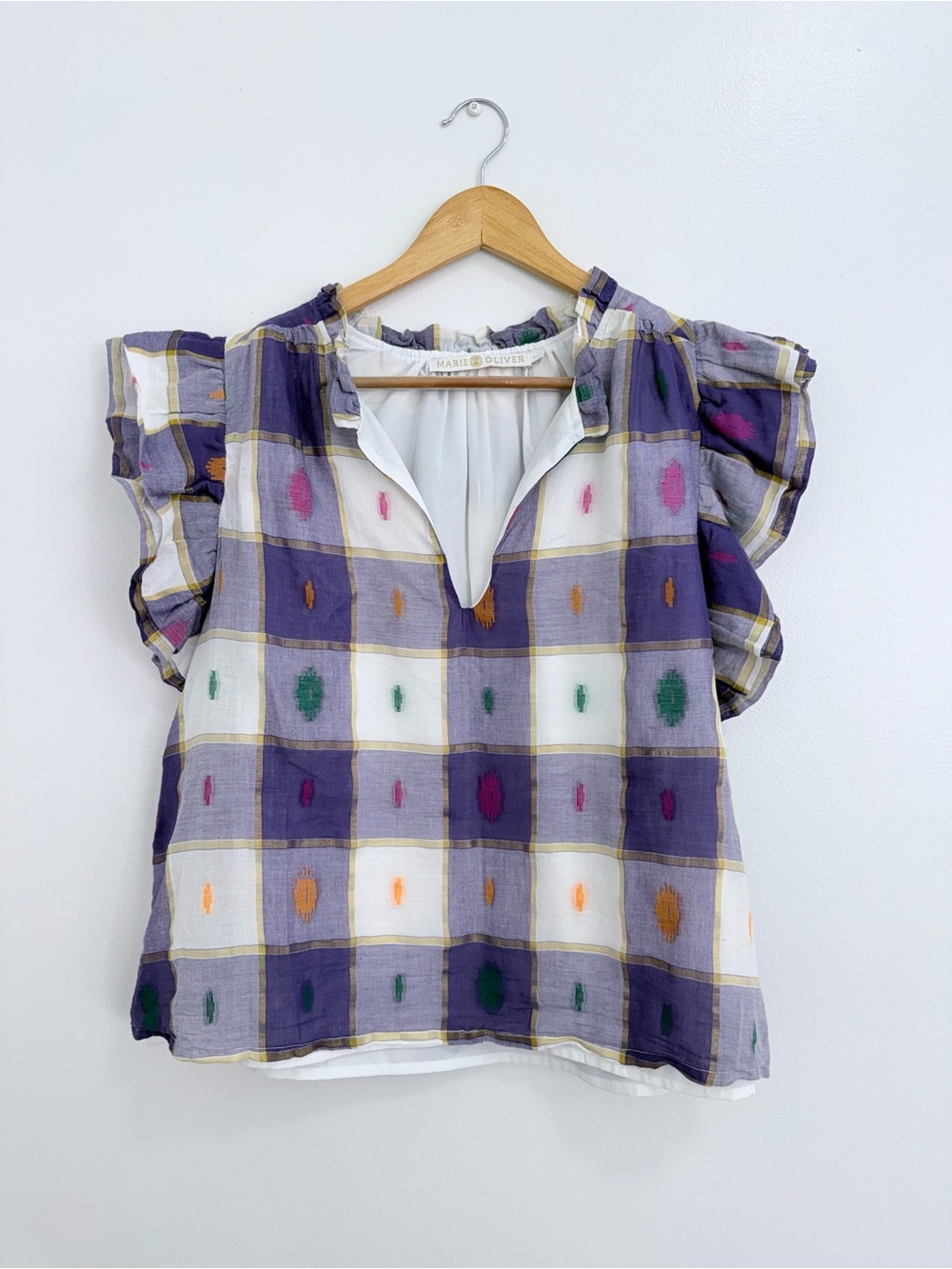 Marie Oliver Purple Plaid Flutter Sleeve Blouse with Multicolor Accents
